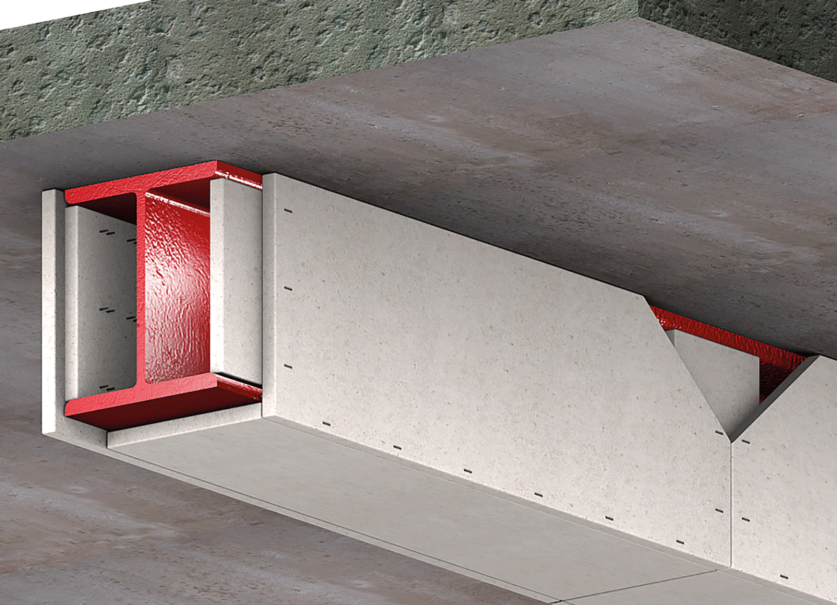 Depiction of cladding of steel element with calcium silicate boards