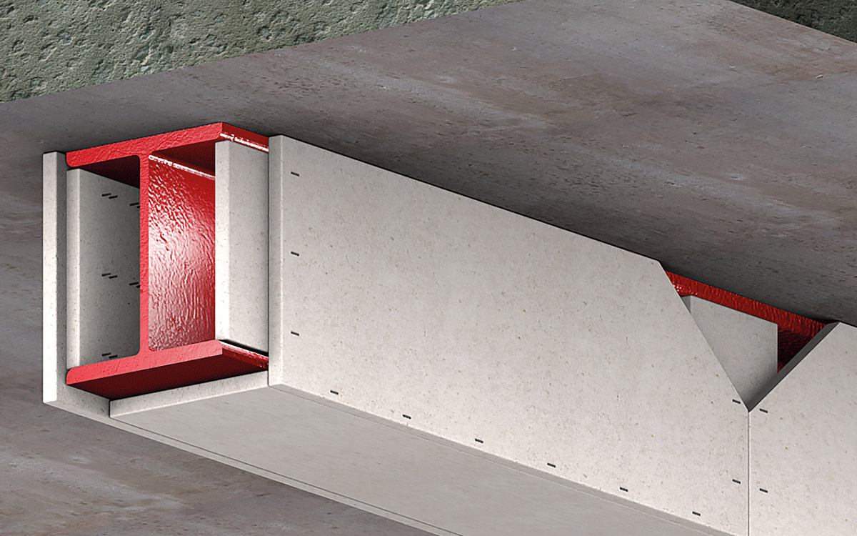 Depiction of cladding of steel element with calcium silicate boards