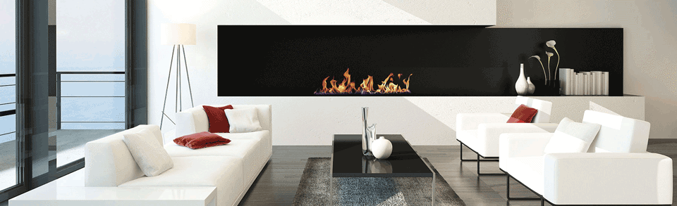 A fire burning in a fireplace made from PROMAFOUR® system components