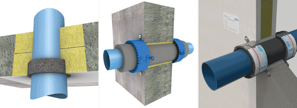 3D examples of different plastic pipe penetrations by using fire-stopping collars PROMASTOP®-FC or PROMASTOP®-FC MD and PROMASTOP®-W fire-stopping wrap