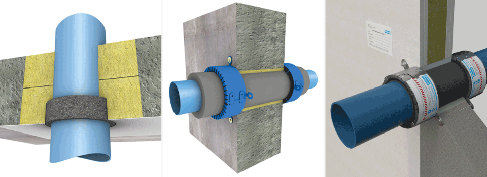 Exemple 3D de diferite penetrații ale conductelor de plastic prin utilizarea de manșon antifoc PROMASTOP®-FC sau PROMASTOP®-FC-MD și PROMASTOP®-W