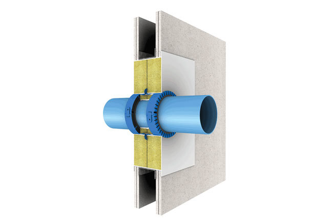 Image of plastic pipe penetration seal PROMASTOP®-FC. The solution represents fire-stopping collar made of powder-coated stainless steel with a special intumescent inlay.