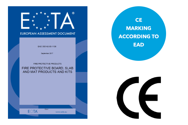Logo označenia CE  podľa EAD - Európskeho hodnotiaceho dokumentu pre protipožiarne panely, dosky a rohože a zostavy z nich