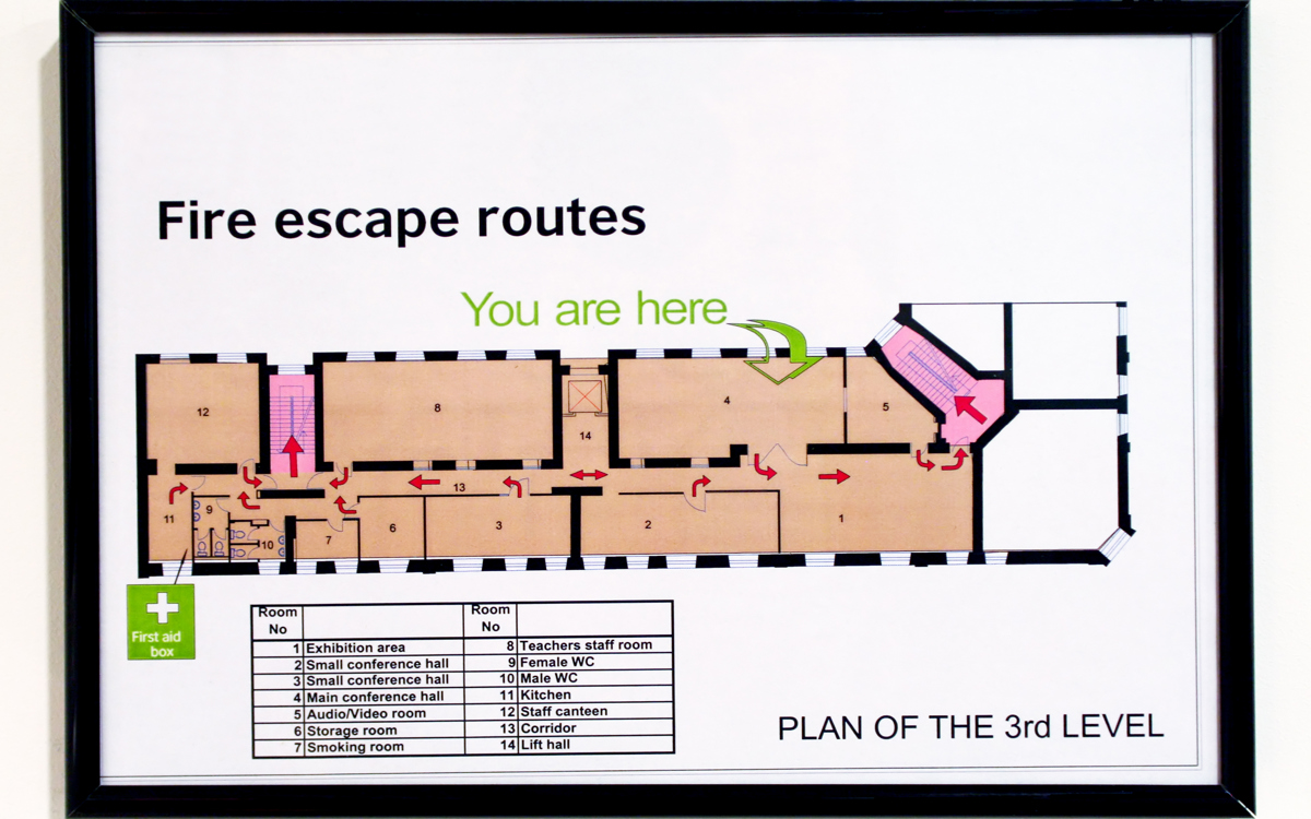 An image of a framed fire escape routes plan