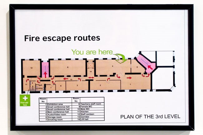 An image of a framed fire escape routes plan