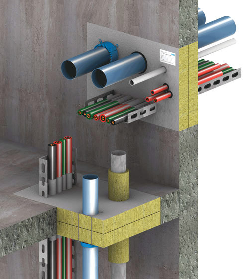 A drawing of a mixed penetration seal of cables and pipes coated with PROMASTOP®-CC