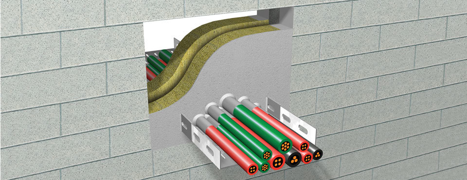 A drawing of a soft penetration a cable tray through a wall coated with PROMASTOP®-CC