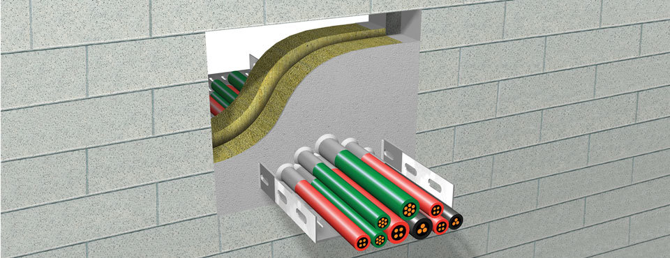 A drawing of a soft penetration a cable tray through a wall coated with PROMASTOP®-CC