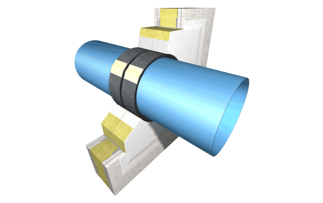 A drawing of a plastic pipe soft penetration through a partition wall