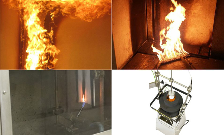 4 различни изображения, показващи различни методи за изпитване на горимост — SBI EN 13823, EN ISO 11925-2 и EN ISO 1182