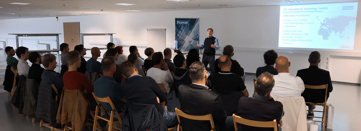 Renowned Promat expert Marco Antonelli giving a lecture on structural steel protection in front of a crowd of specifiers and architects