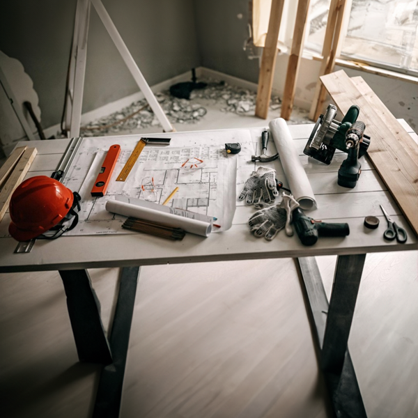 Tisch mit Plänen auf einer Baustelle