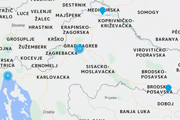 Slika karte Hrvatske, na kojoj su označene lokacije Promat partnera
