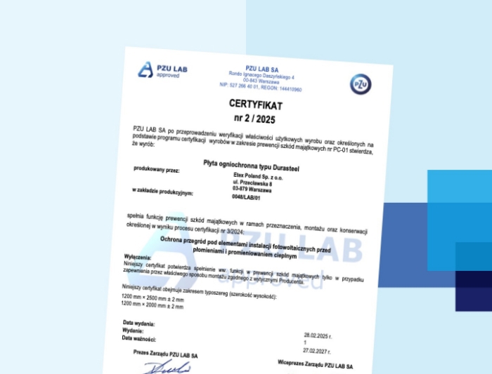 Pierwszy certyfikat PZU LAB dla płyty Durasteel®! 