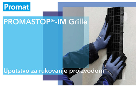 Nalepnica PROMASTOP®-IM Grille uputstva za rukovanje proizvodom sa Promat logom u gornjem levom uglu i prikazom instaliranja.