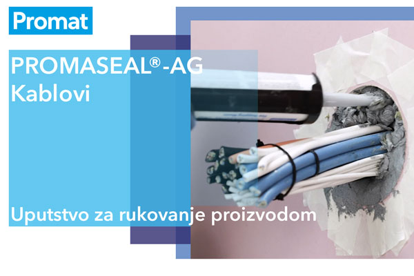 Nalepnica uputstva za upotrebu PROMASEAL®-AG protivpožarne mase sa Promat logom i prikazom nanošenja proizvoda oko kablova.