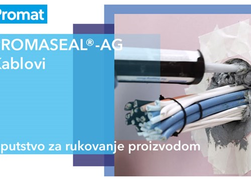 Nalepnica uputstva za upotrebu PROMASEAL®-AG protivpožarne mase sa Promat logom i prikazom nanošenja proizvoda oko kablova.