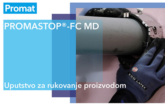Nalepnica PROMASTOP®-FC MD uputstva za upotrebu na kojoj se nalaze Promat logo i prikaz rukovanja proizvodom