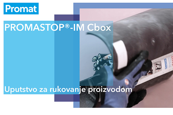 Nalepnica PROMASTOP®-IM Cbox uputstva za upotrebu sa Promat logom u gornjem levom uglu i prikazom korišćenja proizvoda 