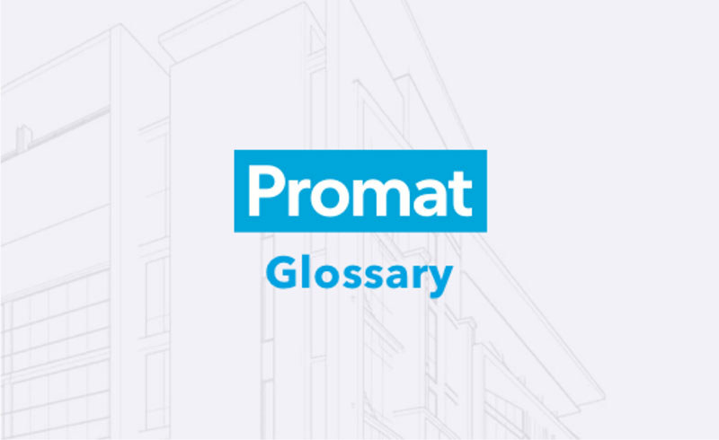 Na sredini bele slike je bel napis Promat v modrem okvirju, pod njim pa z modrimi črkami napisana beseda slovar.
