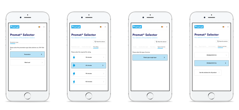 Snímky obrazovky z aplikácie Promat Selector na výber produktov pasívnej požiarnej ochrany, zobrazené na štyroch mobilných telefónoch.