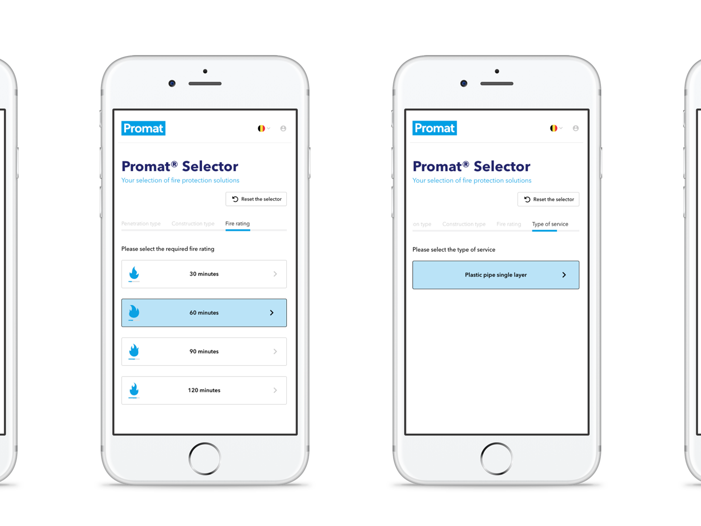 Capturi de ecran din aplicația Promat Selector afișate pe patru telefoane mobile.