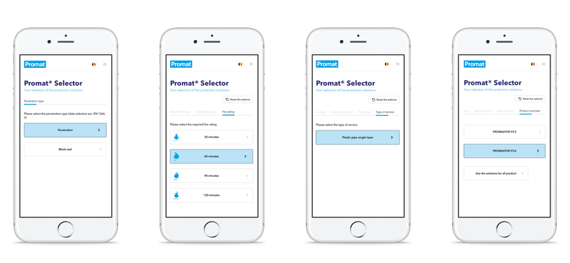 Snimke zaslona aplikacije Promat Selector za utvrđivanje protupožarnih proizvoda prikazane na četiri mobilna telefona