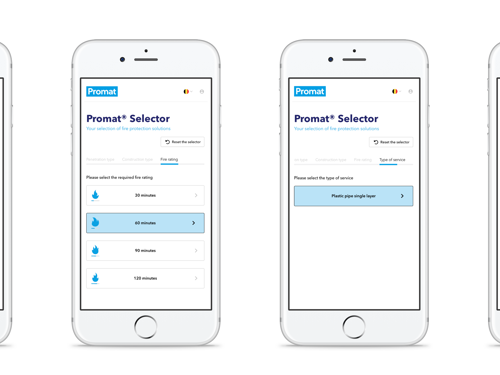 Snimke zaslona aplikacije Promat Selector za utvrđivanje protupožarnih proizvoda prikazane na četiri mobilna telefona