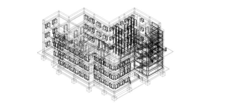 Kompjuterski generisan građevinski objekat u fazi izgradnje sa tamno osenčenim prozorima i svetlo osenčenim ostatkom zgrade.