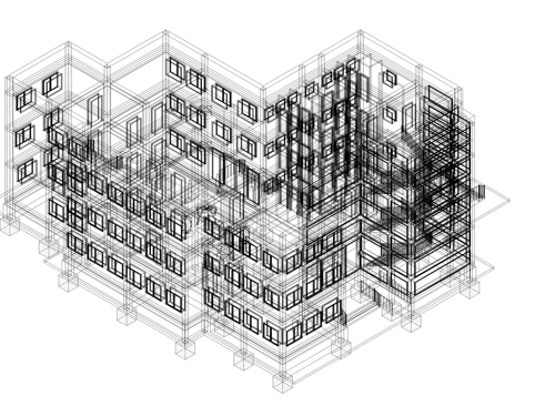 Kompjuterski generisan građevinski objekat u fazi izgradnje sa tamno osenčenim prozorima i svetlo osenčenim ostatkom zgrade.
