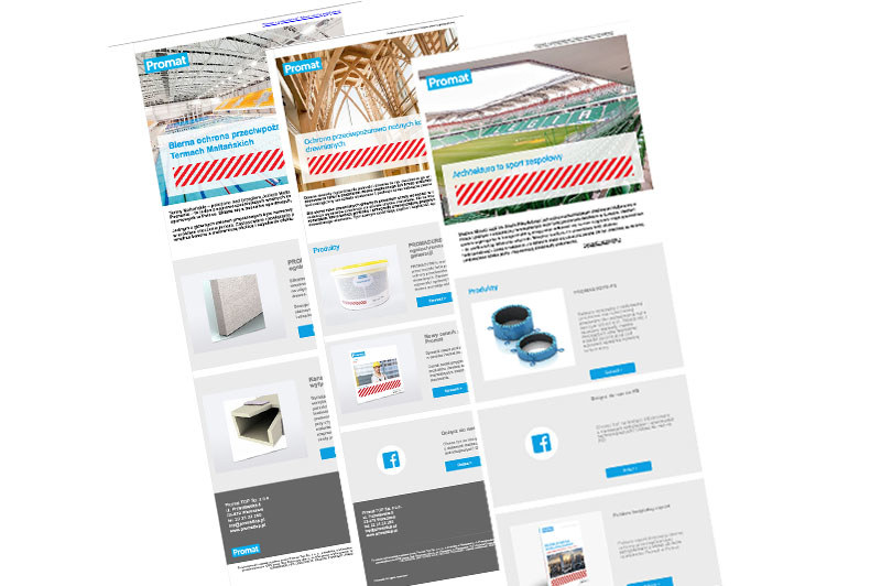 Tri fotografije Promat spletne strani, na katerih so slike produktov. Na začetku vsake strani je tudi slika različnih objektov.