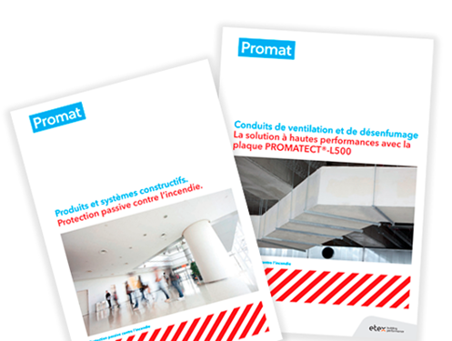 Dve Promat brošure na francuskom jeziku sa slikama na kojima se vidi ventilacioni sistem i prolazna prostorija sa ljudima.